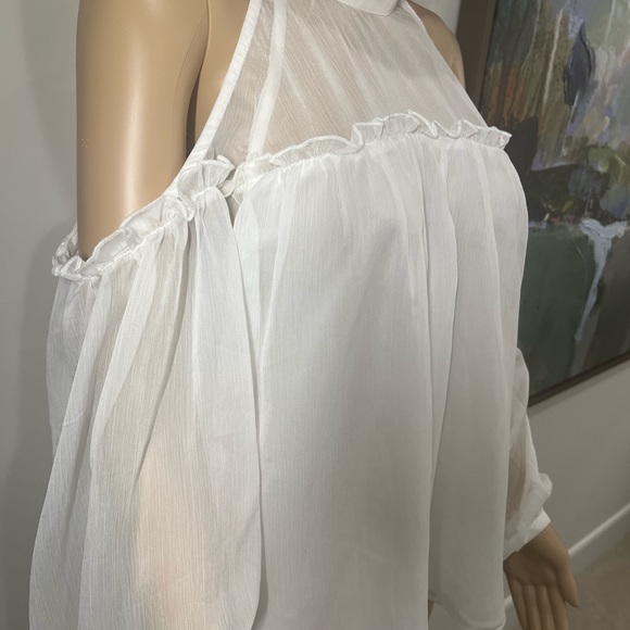 White sheer cut out shoulder halter Top with sheer sleeves & ruffled details - Picture 3 of 3